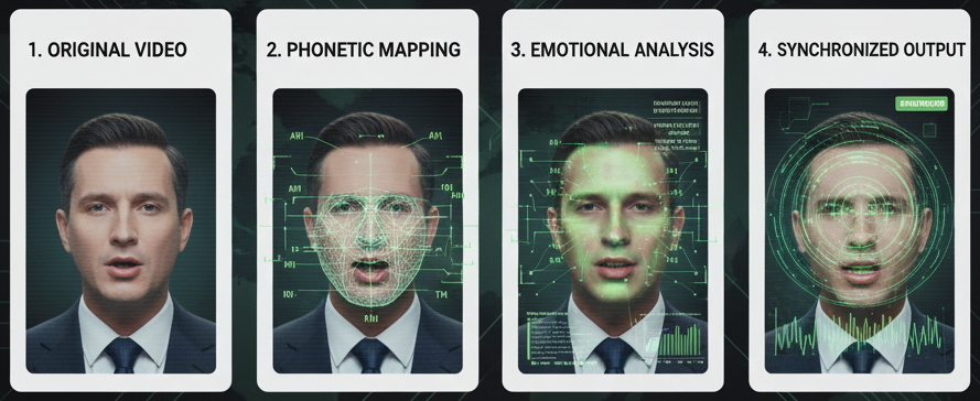 Technical breakdown of AI lip sync translation processing stages