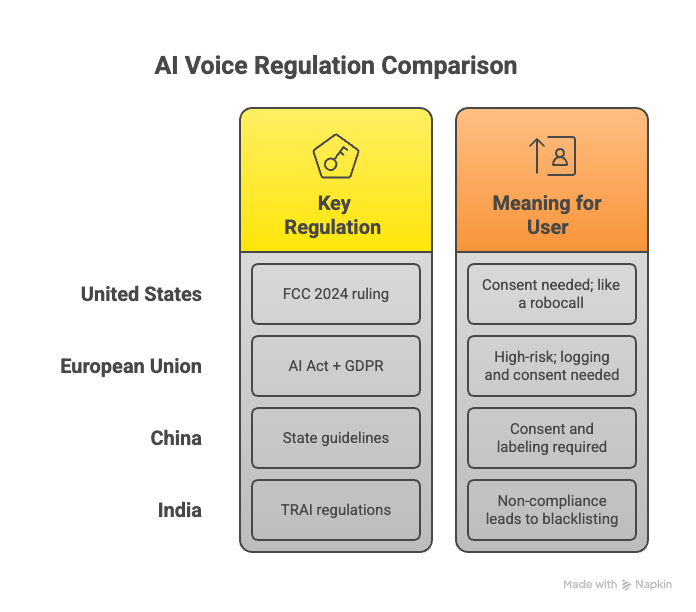 The table compares AI voice regulations across four regions. It has three columns_ - visual selection