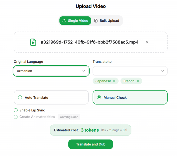 Geckodub AI video localization platform interface with voice cloning features